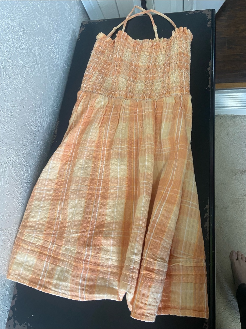 American Eagle Outfitters Peach Plaid Smocked tube top dress removeable straps